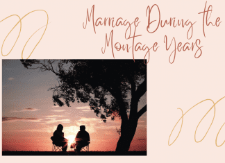 married couple sitting together with gold swirl decor and "Marriage During the Montage Years" in text