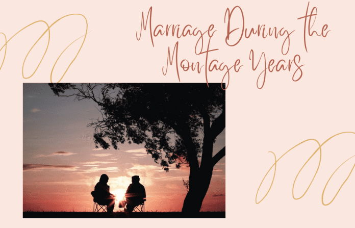 Montage Years married couple sitting together with gold swirl decor and "Marriage During the Montage Years" in text