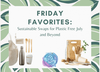 Friday Favorites – Sustainable Swaps for Plastic Free July and Beyond green leaves on a white background with sustainable home products with "Friday Favorites: Sustainable Swaps for Plastic Free July and Beyond" in text