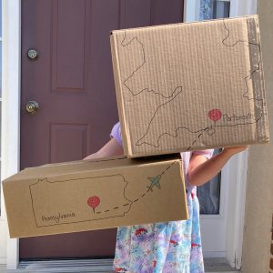 Preparing for saying goodbye - Moving boxes showing journey from Pennsylvania, USA to Portsmouth, UK