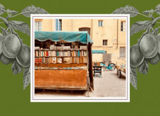 Five Ways to take an Italian Staycation pictures of Italian square on white frame with olive green background with greyscale grape vines