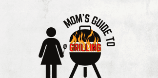 Mom's Guide to Grilling - A female silhouette holding a spatula next to a grill with fire