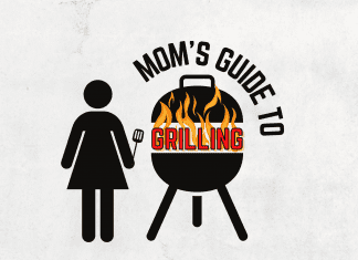 Mom's Guide to Grilling - A female silhouette holding a spatula next to a grill with fire