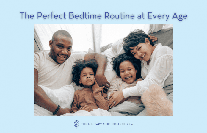 The Perfect Bedtime Routine at Every Age mom, dad, and 2 children in bed with "The Perfect Bedtime Routine at Every Age" in text and MMC logo