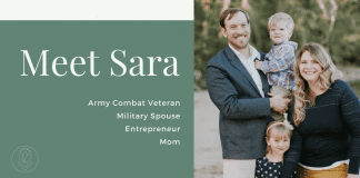 Meet Sara // Army Combat Veteran, Military Spouse, Entrepreneur, and Mom - Green background with white words and picture of Sara's family smiling at the beach (her, her husband, and two kids)