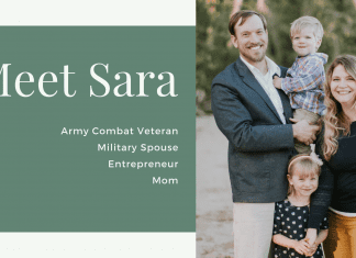 Meet Sara // Army Combat Veteran, Military Spouse, Entrepreneur, and Mom - Green background with white words and picture of Sara's family smiling at the beach (her, her husband, and two kids)