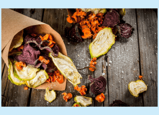 non-potato or veggie chips on a wood table