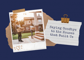 dark navy background polaroid of family moving in