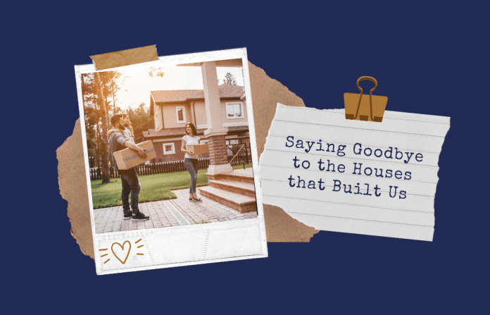 dark navy background polaroid of family moving in