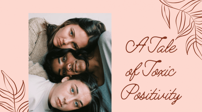 three women together on a pale coral background with "A Tale of Toxic Positivity" in text