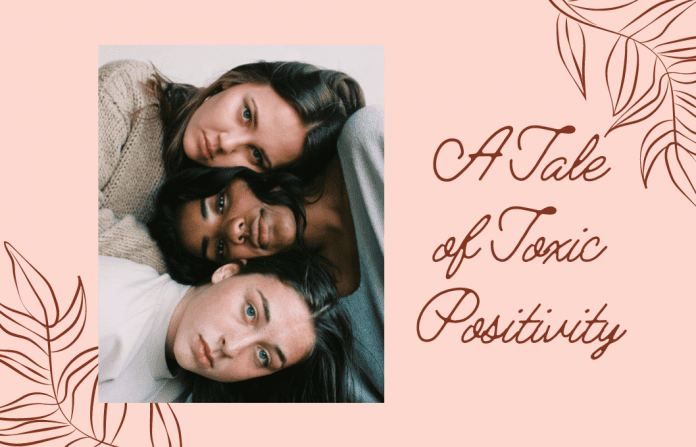 three women together on a pale coral background with "A Tale of Toxic Positivity" in text