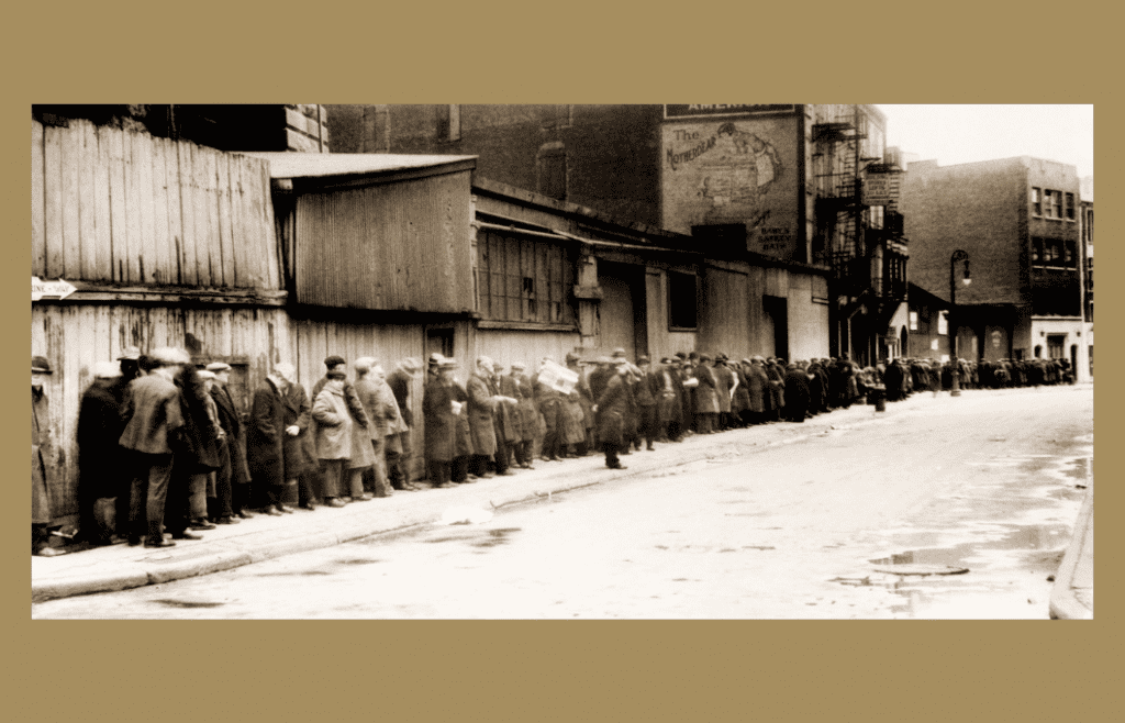 picture in sepia of people lining up for food in the Great Depression