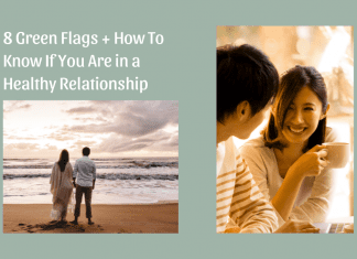 "8 Green Flags + How To Know If You Are in a Healthy Relationship" in text with sage background and images of couples