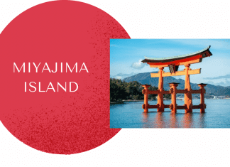 Miyajima Island on red circle with torii gate on water