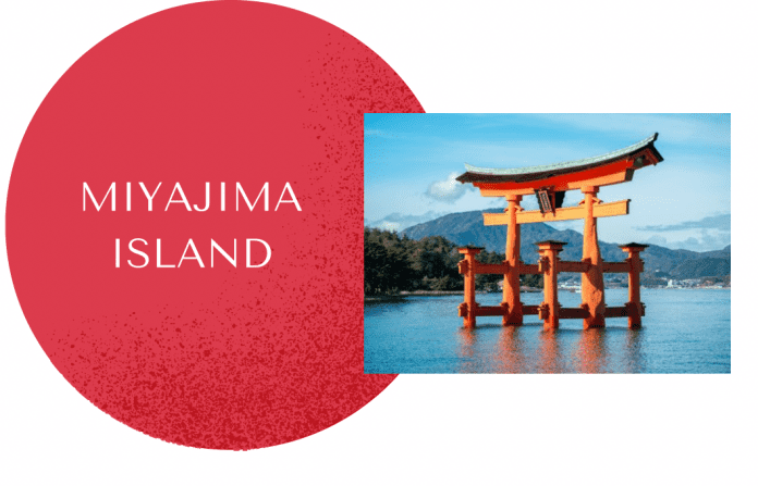 Miyajima Island on red circle with torii gate on water