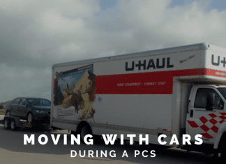 U-Haul truck towing a car and "Moving with Cars During a PCS" in text