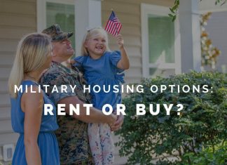 military family in front of a house with "military housing options: rent or buy?" in text