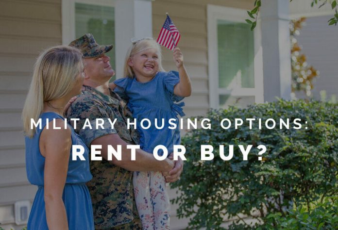 military family in front of a house with "military housing options: rent or buy?" in text