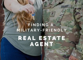 Military couple holding keys with "Finding a Military-Friendly Real Estate Agent" in text overlay