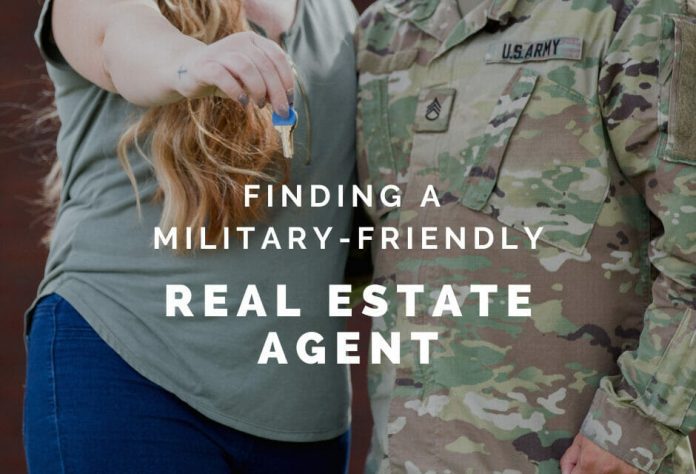 Military couple holding keys with "Finding a Military-Friendly Real Estate Agent" in text overlay