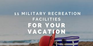 striped bag and hat on the beach with "11 Military Recreation Facilities for your Vacation" in text