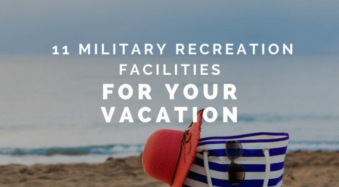 striped bag and hat on the beach with "11 Military Recreation Facilities for your Vacation" in text