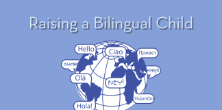 globe with different languages saying Hello with "Raising a Bilingual Child" in text and MMC logo