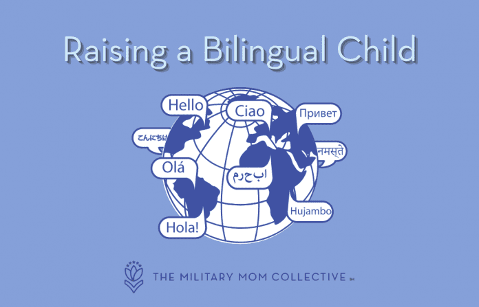 globe with different languages saying Hello with "Raising a Bilingual Child" in text and MMC logo