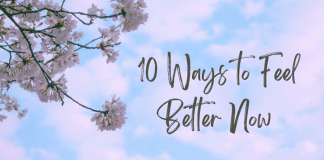 purple and blue sky with white flowers and "10 Ways to Feel Better Now" in text with MMC logo