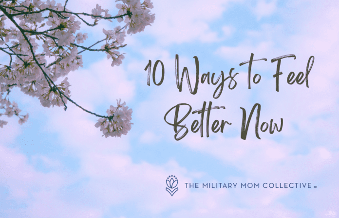 purple and blue sky with white flowers and "10 Ways to Feel Better Now" in text with MMC logo