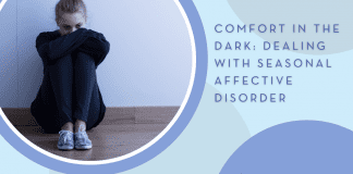 woman sitting in sadness with blue circles and "Comfort in the Dark: Dealing with Seasonal Affective Disorder" in text and MMC logo