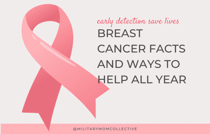 pink breast cancer awareness ribbon with "Breast Cancer Facts and Ways to Help All Year" in text