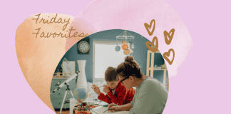 mom and son doing school at home on a pale purple background with tan and pink heart and "Friday Favorites: Encouraging Books for Homeschooling Mamas" in text