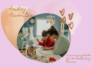 mom and son doing school at home on a pale purple background with tan and pink heart and "Friday Favorites: Encouraging Books for Homeschooling Mamas" in text