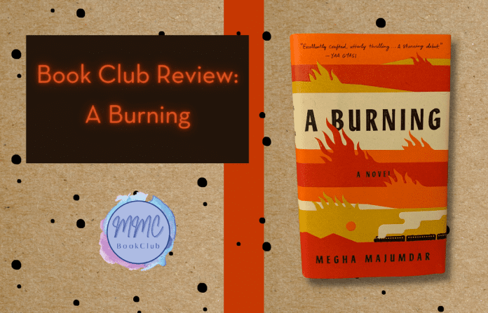 canvas paper background with black splatter dots and A Burning by Megha Majumdar book and MMC Book Club logo