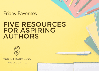 pens, pencils, notebooks, and folders on a yellow background with "Friday Favorites Five Resources for Aspiring Authors" in text and MMC logo