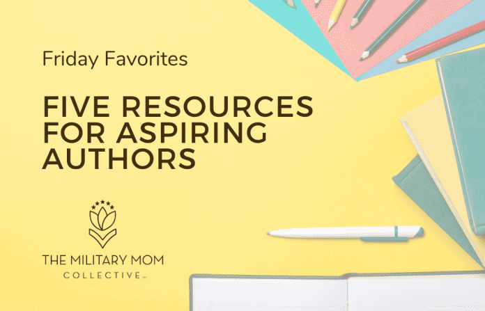 pens, pencils, notebooks, and folders on a yellow background with "Friday Favorites Five Resources for Aspiring Authors" in text and MMC logo