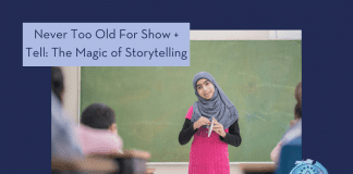 girl in a classroom participating in show and tell with "Never Too Old for Show + Tell: The Magic of Storytelling" in text and MMC logo