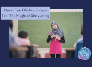 girl in a classroom participating in show and tell with "Never Too Old for Show + Tell: The Magic of Storytelling" in text and MMC logo