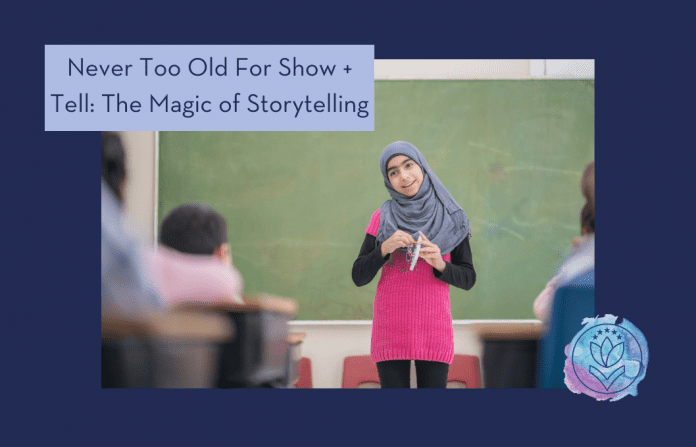 girl in a classroom participating in show and tell with "Never Too Old for Show + Tell: The Magic of Storytelling" in text and MMC logo