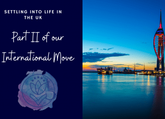 city of Portsmouth at night with "Settling Into Life in the UK" Part II of our International Move" in text with MMC logo