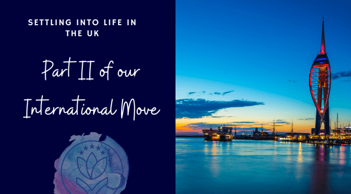 city of Portsmouth at night with "Settling Into Life in the UK" Part II of our International Move" in text with MMC logo