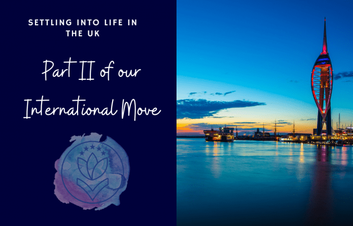 city of Portsmouth at night with "Settling Into Life in the UK" Part II of our International Move" in text with MMC logo