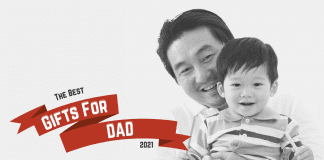 dad and son with "The Best Gifts for Dad 2021" on red holiday ribbon