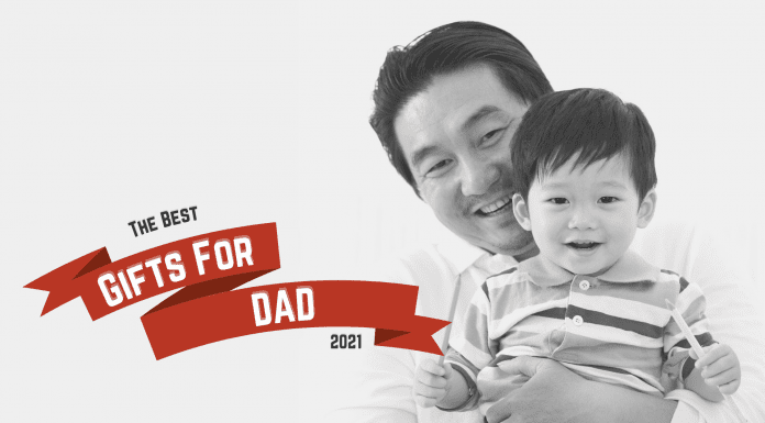 dad and son with "The Best Gifts for Dad 2021" on red holiday ribbon