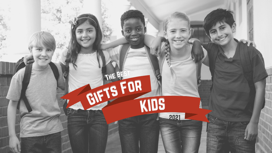 group of children with "Gifts for Kids 2021" on red holiday ribbon