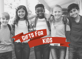 group of children with "Gifts for Kids 2021" on red holiday ribbon