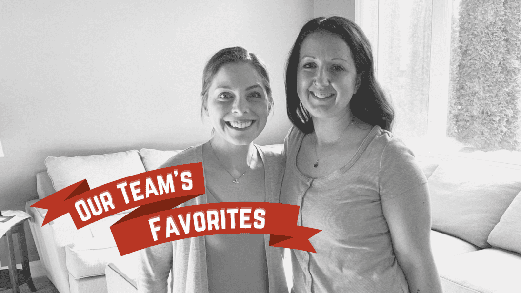 Amie Glazier + Rachel Carpenter, co-owners of The Military Mom Collective with "Our Team's Favorites" on a red holiday banner