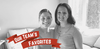 Amie Glazier + Rachel Carpenter, co-owners of The Military Mom Collective with "Our Team's Favorites" on a red holiday banner