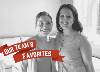 Amie Glazier + Rachel Carpenter, co-owners of The Military Mom Collective with "Our Team's Favorites" on a red holiday banner